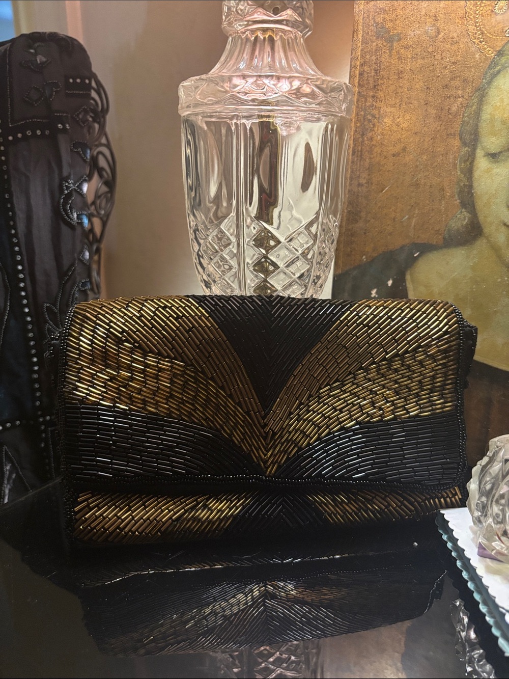 Vintage Estate Beaded Black and Gold Evening Clutch